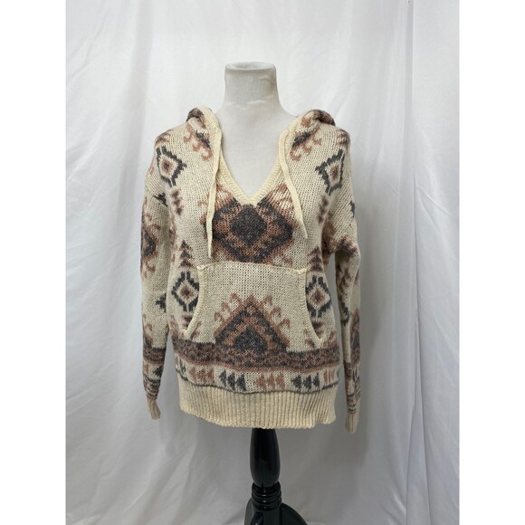 Forever 21 Women's Hoodie Beige and Brown Front Pocket V-Neck Knit Size Small - Picture 2 of 9